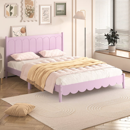 Queen Size Wood Platform Bed Frame, Retro Style  Bed with Rectangular Headboard,No Need Box Spring,Pink