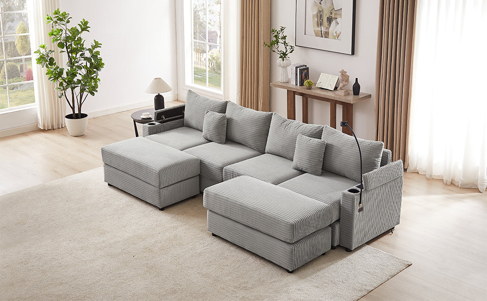 123.2" Modern Style 4-seater Sofa Sectional Sofa Couch with Storage Space, Two Movable Ottomans, Two USB Ports, Two Cup Holders, A Phone Holder for Living Room, Grey