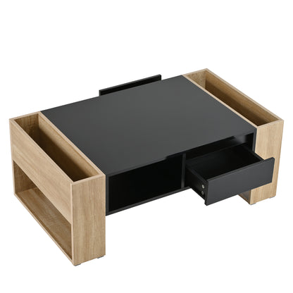 ON-TREND High Glossy Coffee Table with 2 Drawers, Practical Two Tone Center Table with Hidden Compartments, Rectangle Cocktail Table with Open Storage Shelf for Living Room, Bedroom, Black, 41.3*23.6"