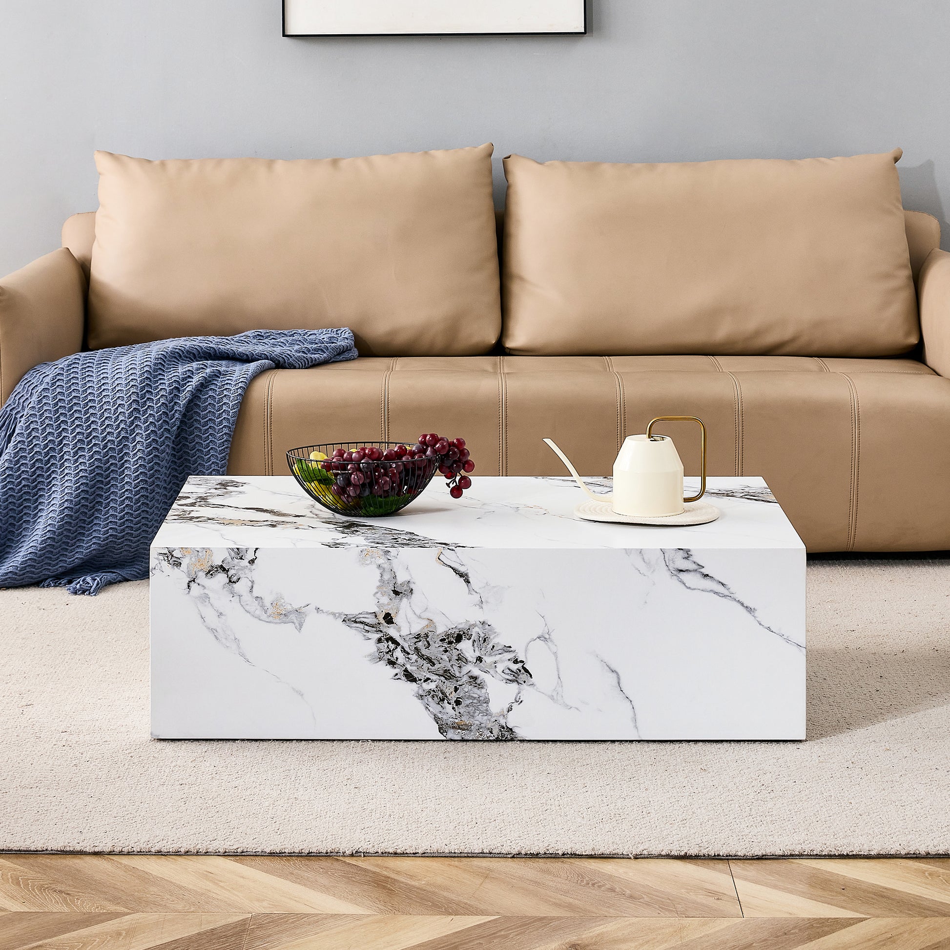 Modern MDF Coffee Table with Marble Pattern - 39.37x23.62x11.81 inches - Stylish and Durable Design W1151119518