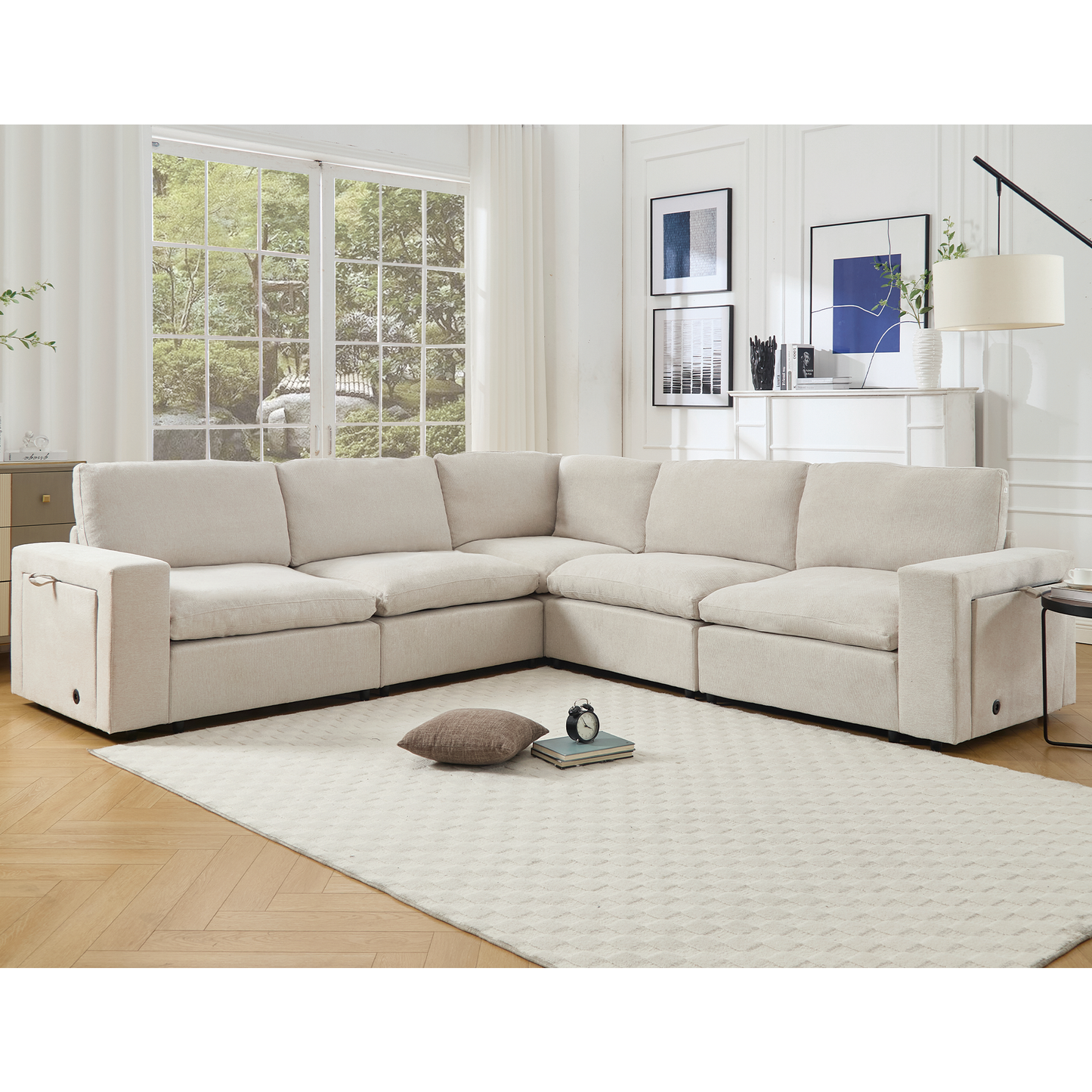 [NEW ARRIVED] [VIDEO PROVIDED]Sectional Couches For Living Room,Modular Couch,Wireless Charging Port & Cup Holders,5-seat ,DIY Combination,L-shaped Sofa,Book Storage Space,Soft Linen Fabric,Beige