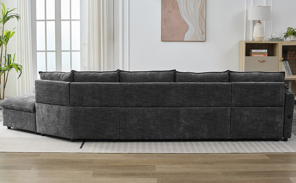 146.9" L-shaped Sofa Sectional Sofa Couch Pull-out Sofa Bed with a Movable Storage Ottoman, a Storage Chaise Lounge and Two USB Ports for Living Room, Grey