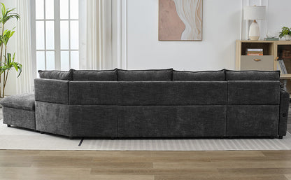 146.9" L-shaped Sofa Sectional Sofa Couch Pull-out Sofa Bed with a Movable Storage Ottoman, a Storage Chaise Lounge and Two USB Ports for Living Room, Grey