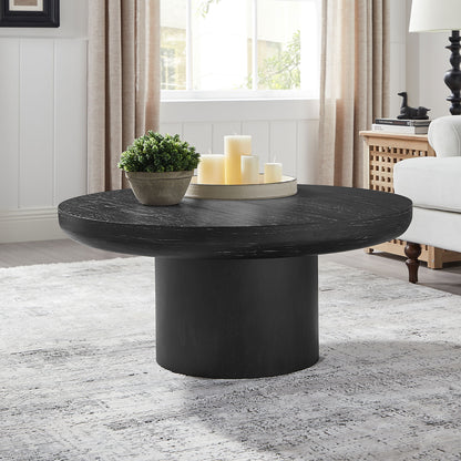 35.98inch Round Coffee Table with Cylindrical Leg,Wood Veneer Tabletop Table,Rounded  Sofa Side Table for living Room Office,Black