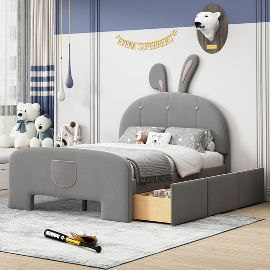 Full Size Velvet Platform Bed with Rabbit-Shaped Headboard, with Drawers, with Bed-End Storage Pocket, Gray