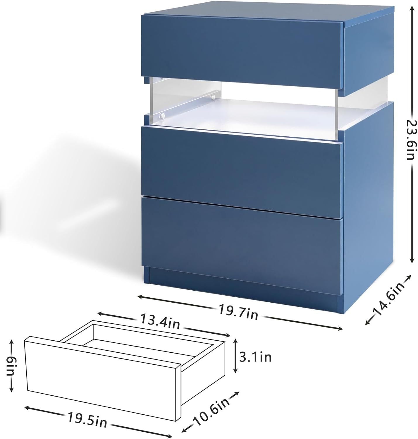 LED Nightstands Acrylic Board LED Bedside Tables for Bedroom End Table with 3 Drawer Dresser for Bedroom Living Room Bedside Furniture (Blue)