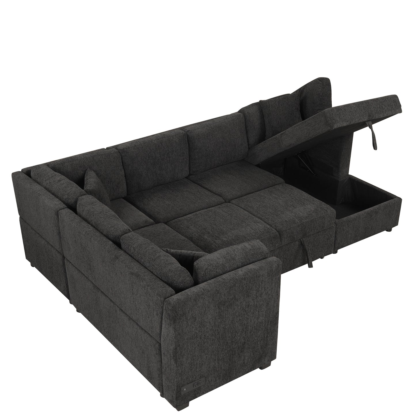 108.6" U-shaped Sectional Sofa Pull out Sofa Bed with Two USB Ports, Two Power Sockets, Three Back Pillows and a Storage Chaise for Living Room, Black