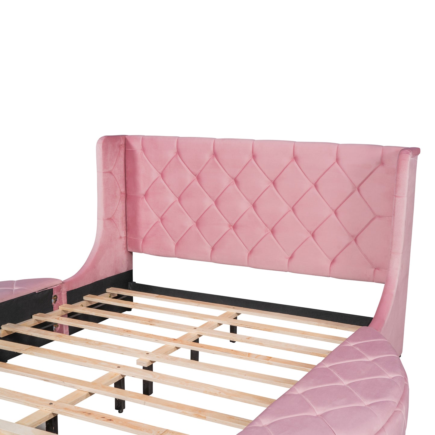 Upholstered Platform Bed Queen Size Storage Velvet Bed with Wingback Headboard and 1 Big Drawer,2 Side Storage Stool(Pink)