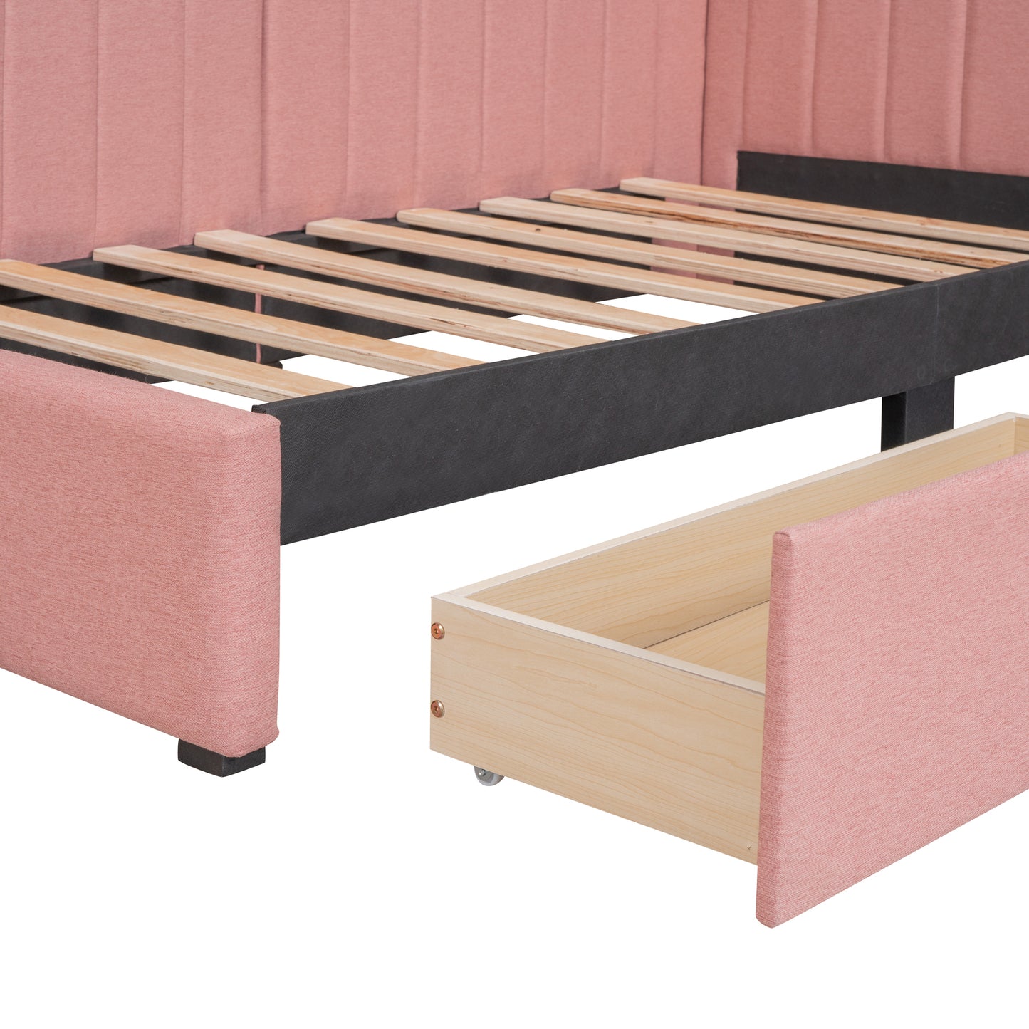 Upholstered Daybed with 2 Storage Drawers Twin Size Sofa Bed Frame No Box Spring Needed, Linen Fabric (Pink)