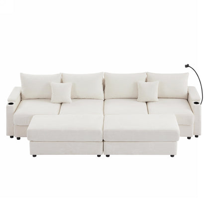 123.2" Modern Style 4-seater Sofa Sectional Sofa Couch with Storage Space, Two Movable Ottomans, Two USB Ports, Two Cup Holders, A Phone Holder for Living Room, Beige