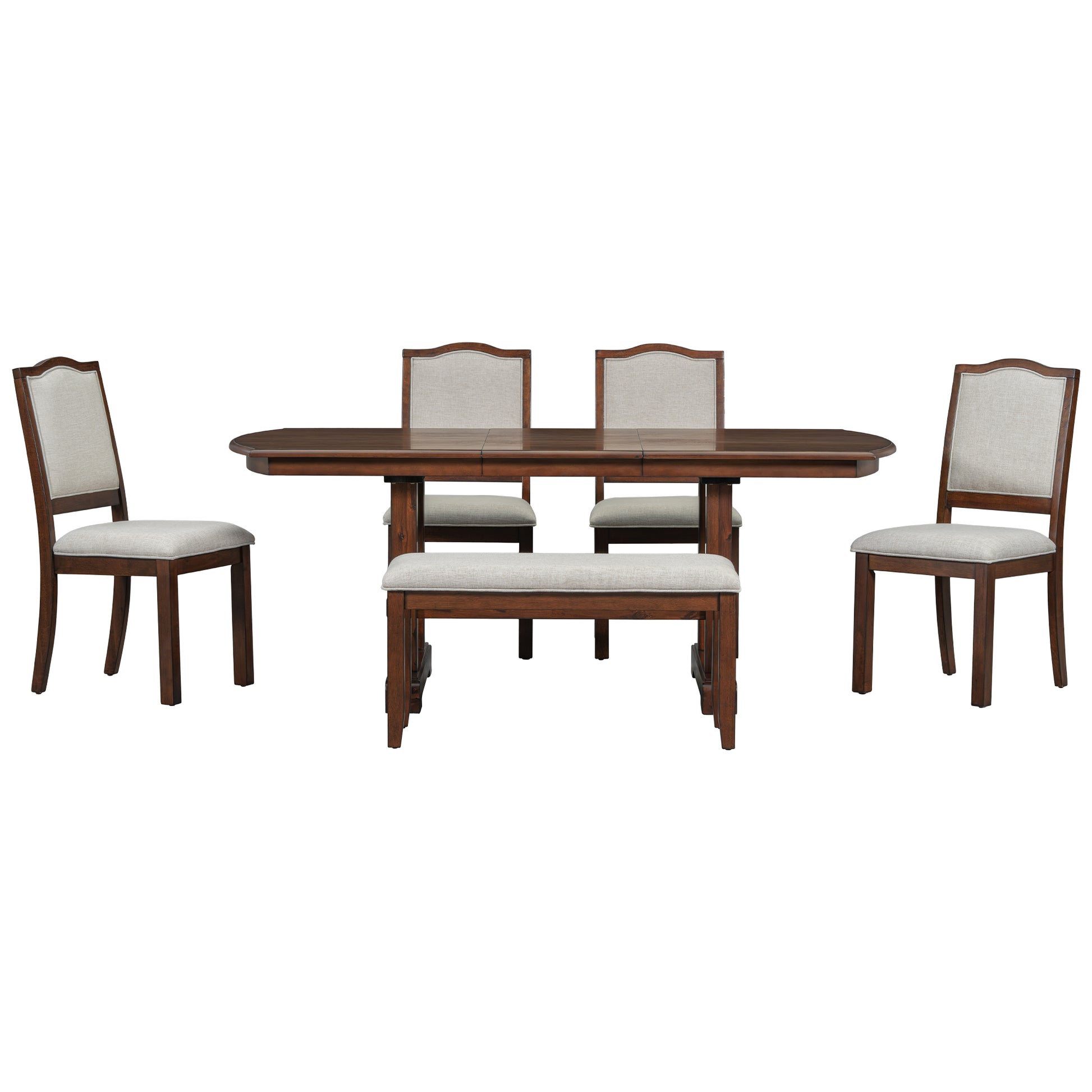 6-Piece Dining Table Set, 60inch to 78inch Extendable Wood Dining Table with Removable Leaf, Kitchen Table Set with 4 Upholstered Side Chair and Bench, Dining Table Set for 6 (Cherry)