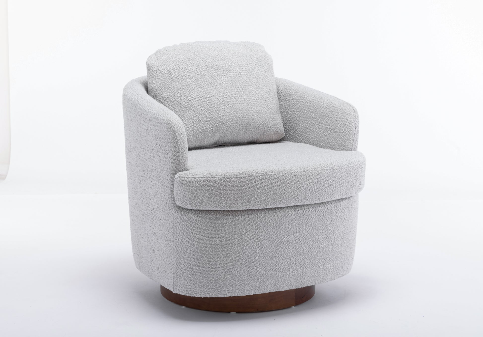 035-Boucle Fabric Swivel Accent Chair With Soild Wood Round Brown Base Leg,Light Gray