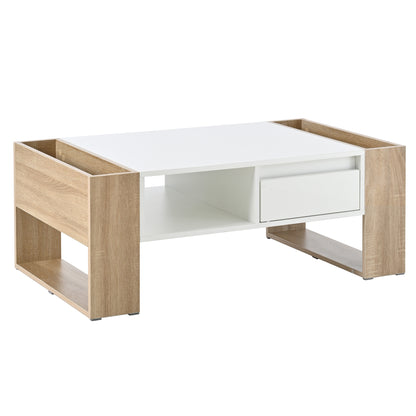 ON-TREND High Glossy Coffee Table with 2 Drawers, Practical Two Tone Center Table with Hidden Compartments, Rectangle Cocktail Table with Open Storage Shelf for Living Room, Bedroom, White, 41.3*23.6"