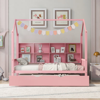 Wooden Twin Size House Bed with Trundle,Kids Bed with Shelf,Pink