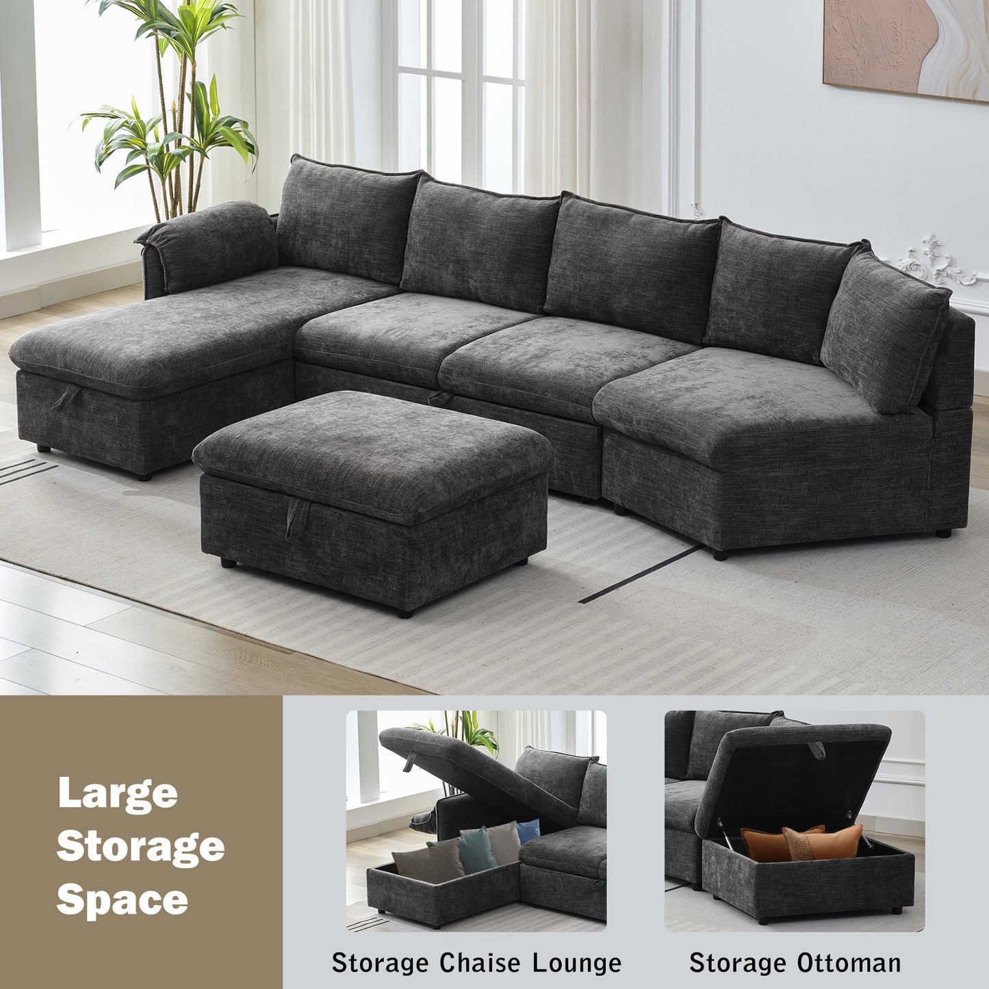 146.9" L-shaped Sofa Sectional Sofa Couch Pull-out Sofa Bed with a Movable Storage Ottoman, a Storage Chaise Lounge and Two USB Ports for Living Room, Grey