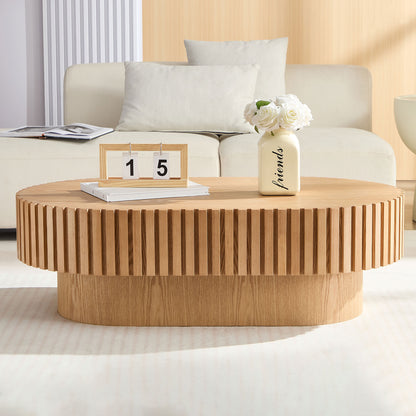 43.70Inch Modern Handcraft Drum Coffee Table Oval Coffee Table for Living Room,Small Wooden Coffee Table with Sturdy Pedestal for Office,ASH Color