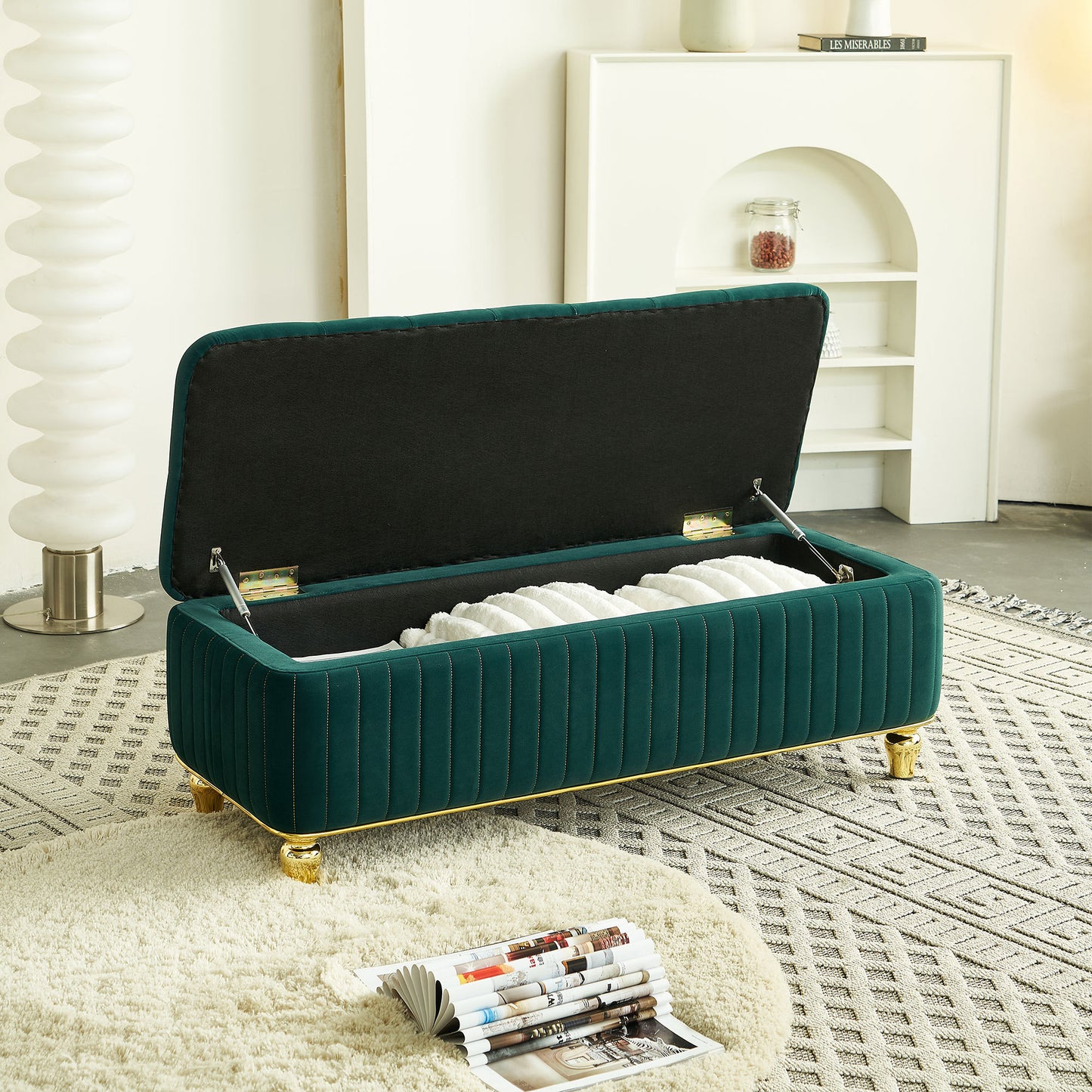 47.24''W Storage Ottoman,Upholstered Velvet Fabric Storage Ottoman with Safety Hinge, gold decoration strip and gold embroidery Footstool, Ottoman Bench for Living Room & Bedroom,Green Color