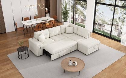 86.6" Sectional Sofa L-shaped Sofa Couch Pull-out Sofa Bed with a Movable Ottoman, Two USB Ports  and Two Cup Holders for Living Room, Beige