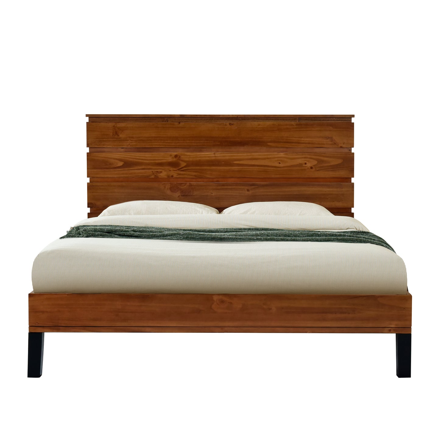 Mid-Century Modern Solid Wood Bed Frame Queen Size Platform Bed with Six-Piece Headboard Design, No Box Spring Needed, Brown