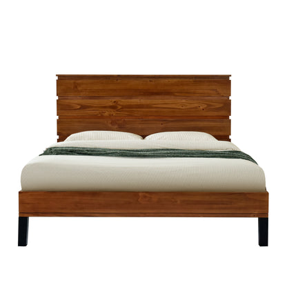 Mid-Century Modern Solid Wood Bed Frame Queen Size Platform Bed with Six-Piece Headboard Design, No Box Spring Needed, Brown