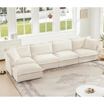 Slipcovered L Shape Sectional Long Sofa Couch, 4 Seater Sofa with Suppleness Armrests, Chenille Deep Seat Sofa with 2 Big Pillows, Comfy Couch for Living Room, Apartment, Chenille Fabric, Cream