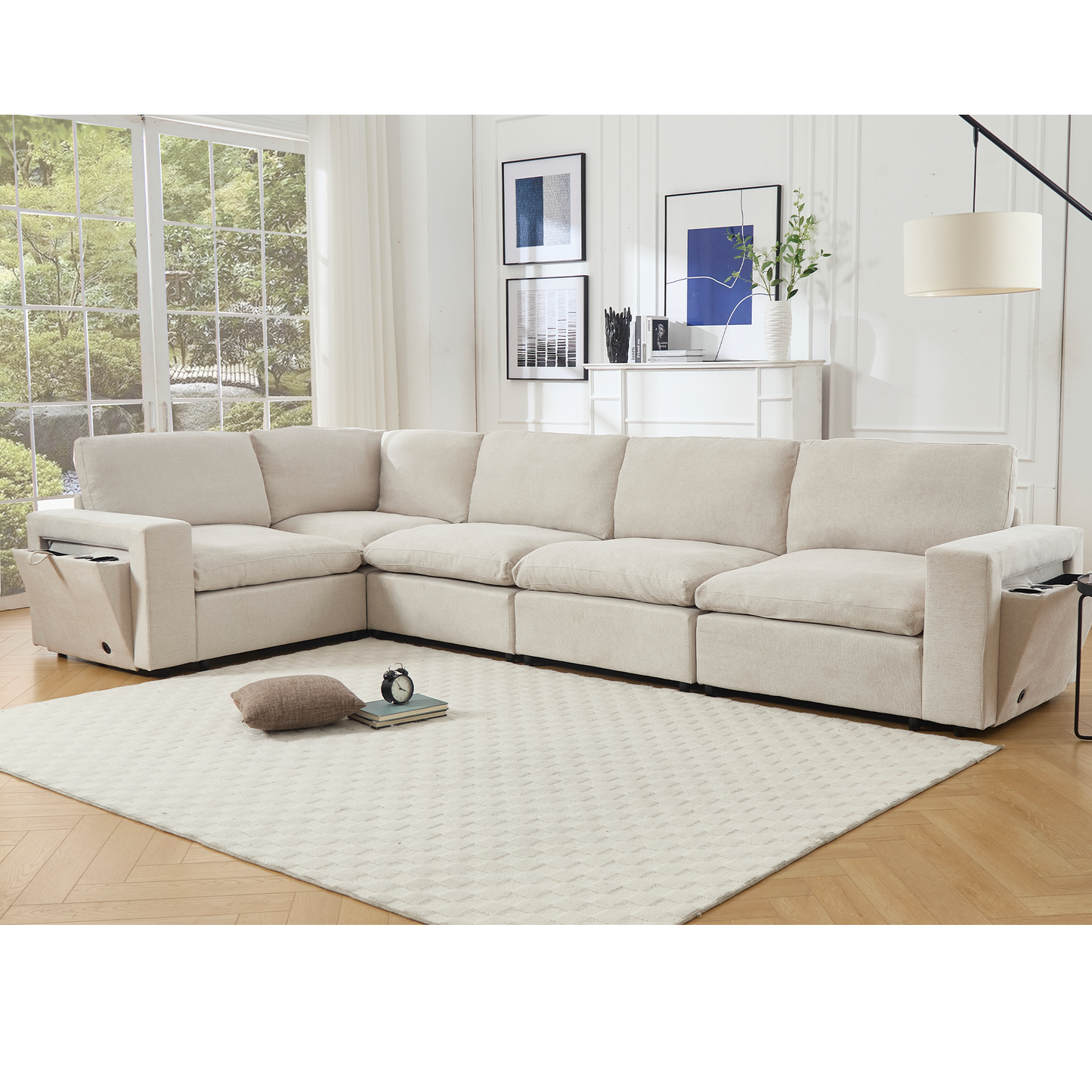 [NEW ARRIVED] [VIDEO PROVIDED]Sectional Couches For Living Room,Modular Couch,Wireless Charging Port & Cup Holders,5-seat ,DIY Combination,L-shaped Sofa,Book Storage Space,Soft Linen Fabric,Beige