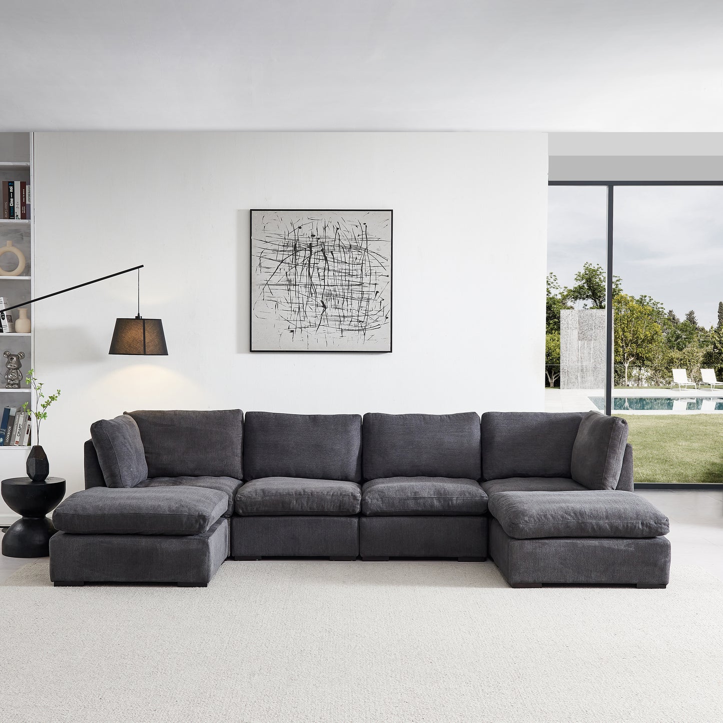 Modular Sofa with Ottoman,Filled with Down ,Soft Linen Fabric,Dark Grey