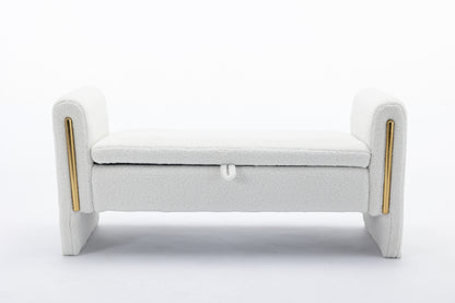 032-Teddy Fabric Storage Bench Bedroom Bench With Gold Metal Trim Strip For Living Room Bedroom Indoor,Ivory