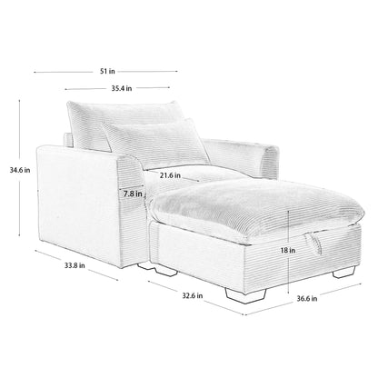 Bule Corduroy  Sofa Couch, Modular Couch with Storage Ottoman,  Couch Deep Seat Couches for Modern Living Room/Apartment/Office