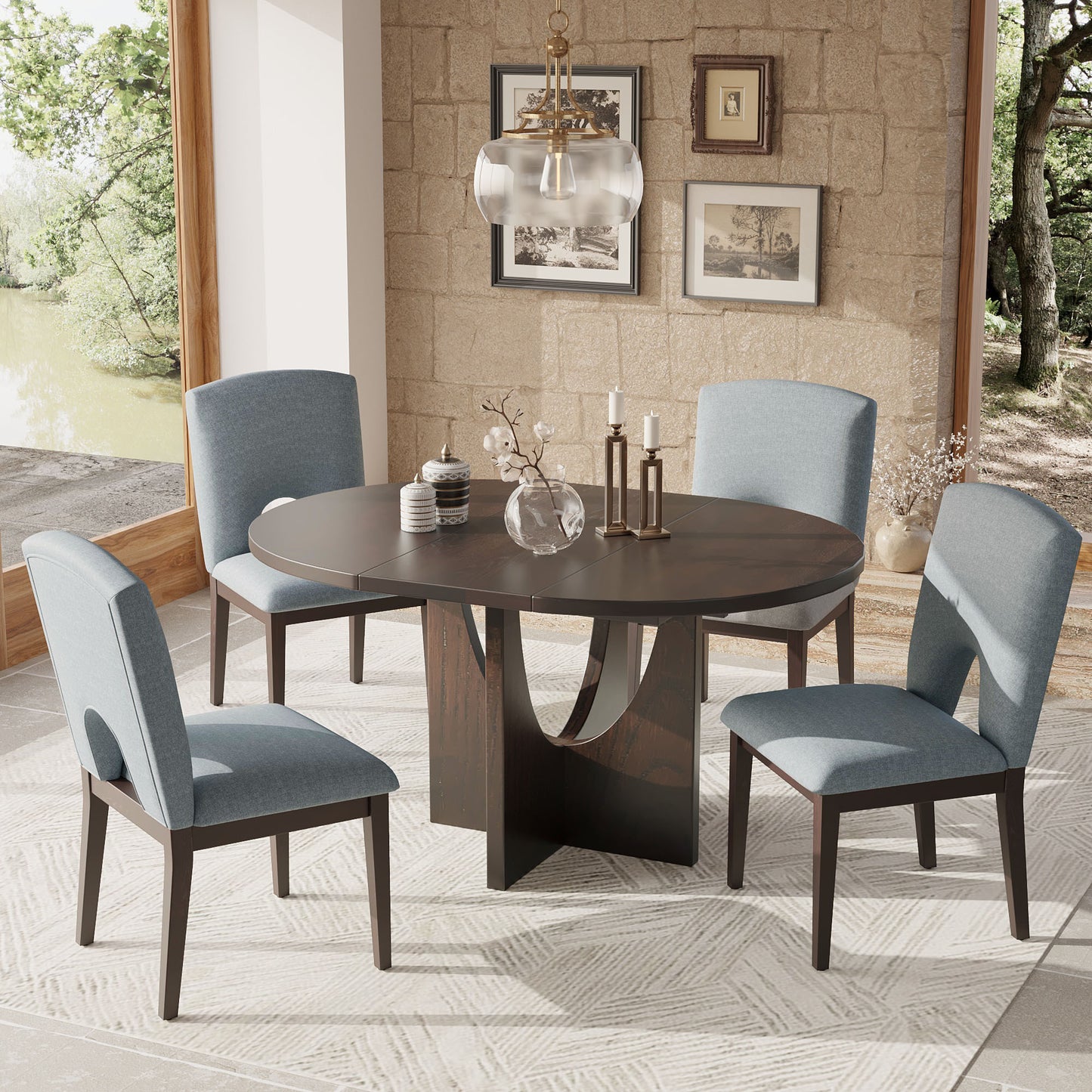 TOPMAX Modern 5-Piece Extendable Round Dining Table Set with 16.2inch Removable Leaf for Small Places, Espresso+Gray