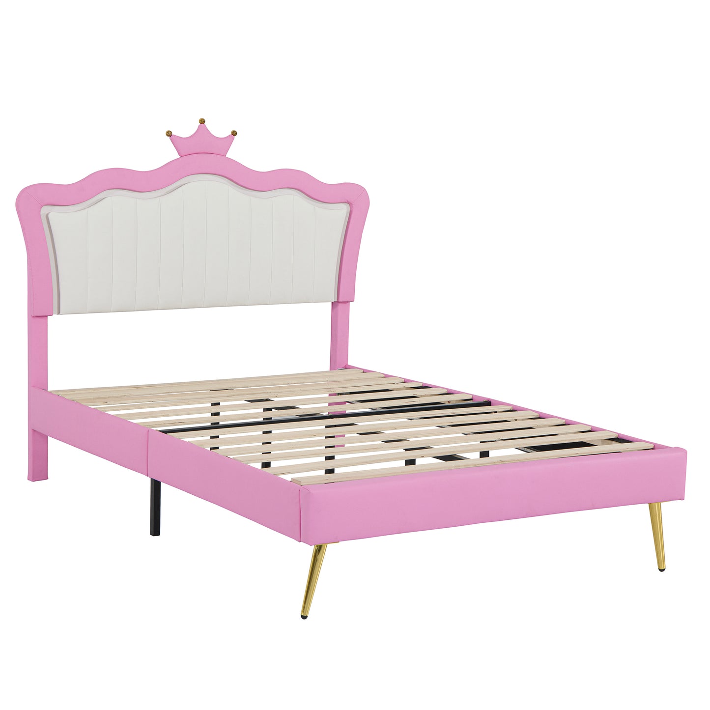 Full Size Upholstered Bed Frame with LED Lights, Modern Upholstered Princess Bed with Crown Headboard, Pink+White