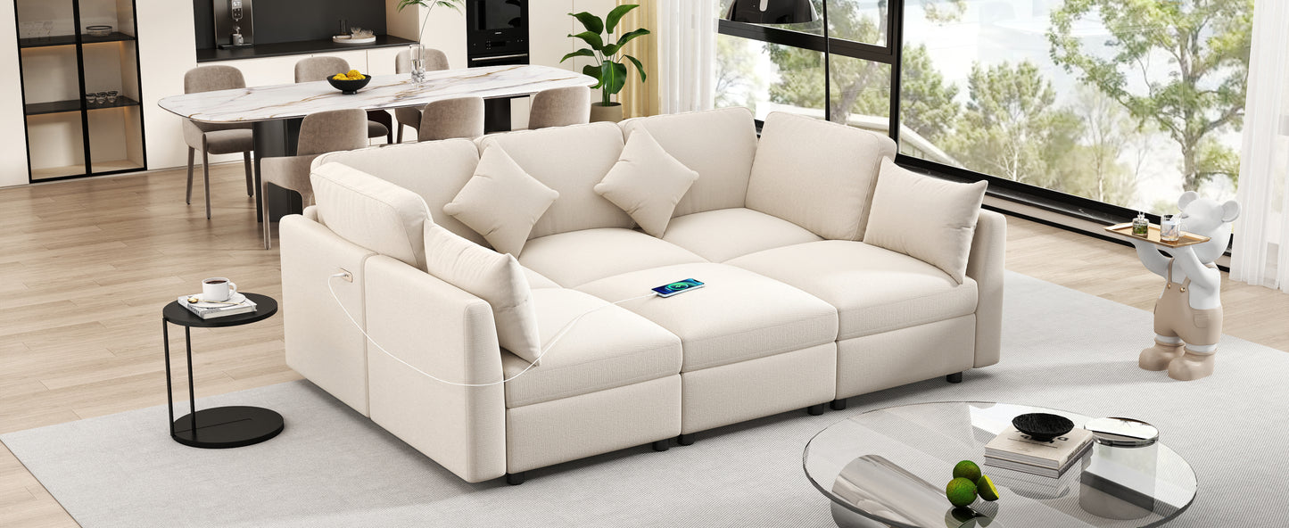 85.4" Sectional Sofa Modular Sofa U-shaped Sofa Couch Sofa Bed L-shaped Sofa with a Movable Ottoman and Two USB Ports for Living Room, Beige