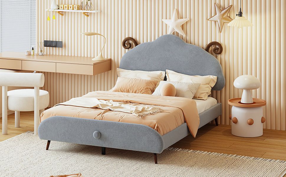 Full Size Upholstered Platform Bed with Sheep-Shaped Headboard, Gray