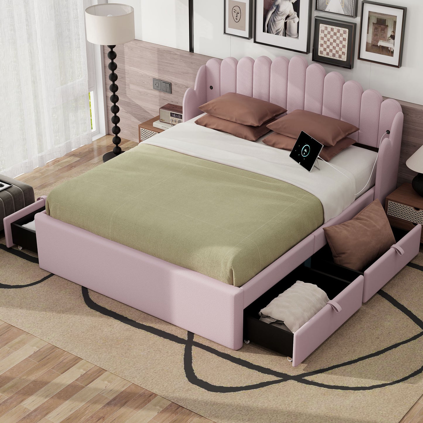 Queen Size Upholstered Platform Bed with 4 Drawers and 2 USB, Pink(Expected Arrival Time: 4.28)