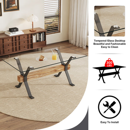 Dining table. Modern tempered glass dining table. Large modern office desk with black metal legs and MDF crossbars, suitable for home and office use. 4 high-end cushioned seats.F1105  C-1162