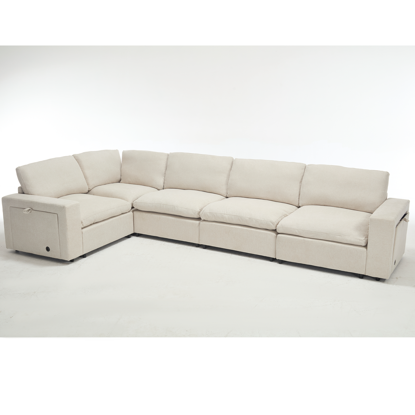 [NEW ARRIVED] [VIDEO PROVIDED]Sectional Couches For Living Room,Modular Couch,Wireless Charging Port & Cup Holders,5-seat ,DIY Combination,L-shaped Sofa,Book Storage Space,Soft Linen Fabric,Beige