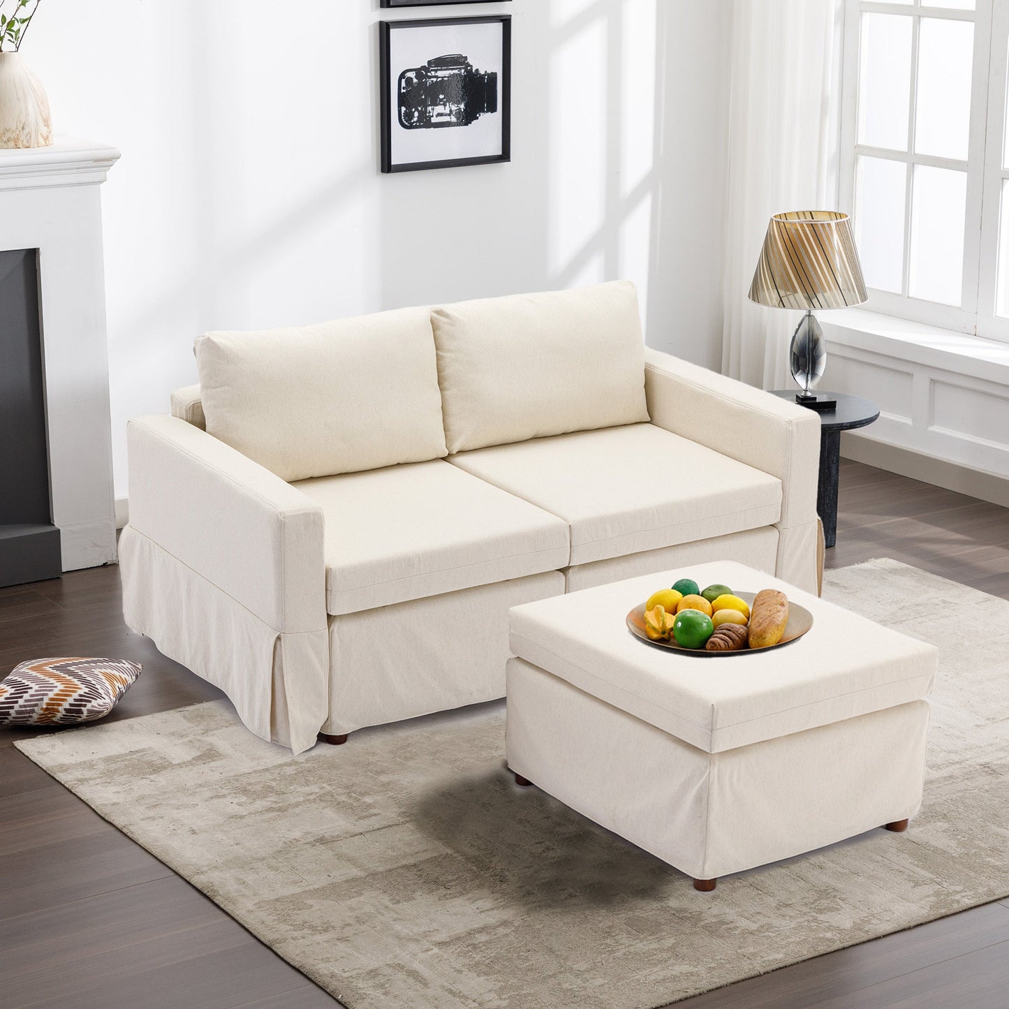 2 Seat Module Sectional Sofa Couch With 1 Ottoman,Seat Cushion and Back Cushion Removable and Washable,Cream - Groovy Boardz