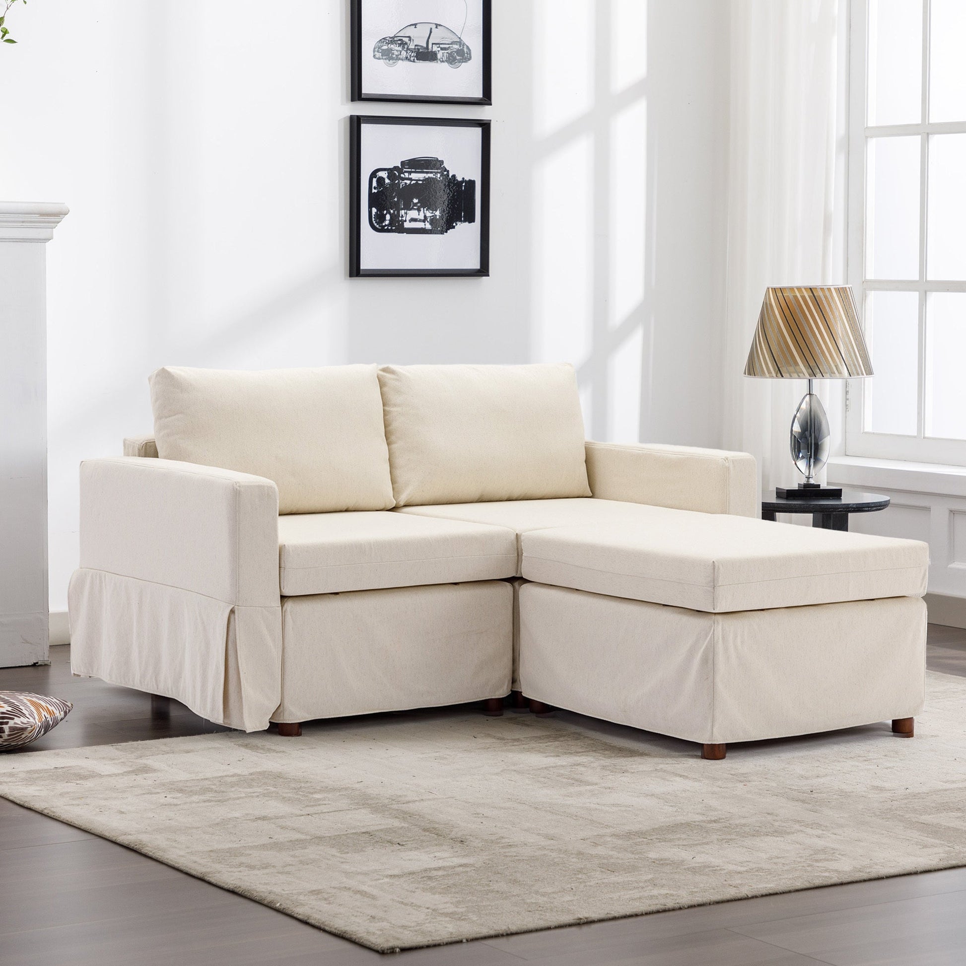 2 Seat Module Sectional Sofa Couch With 1 Ottoman,Seat Cushion and Back Cushion Removable and Washable,Cream - Groovy Boardz