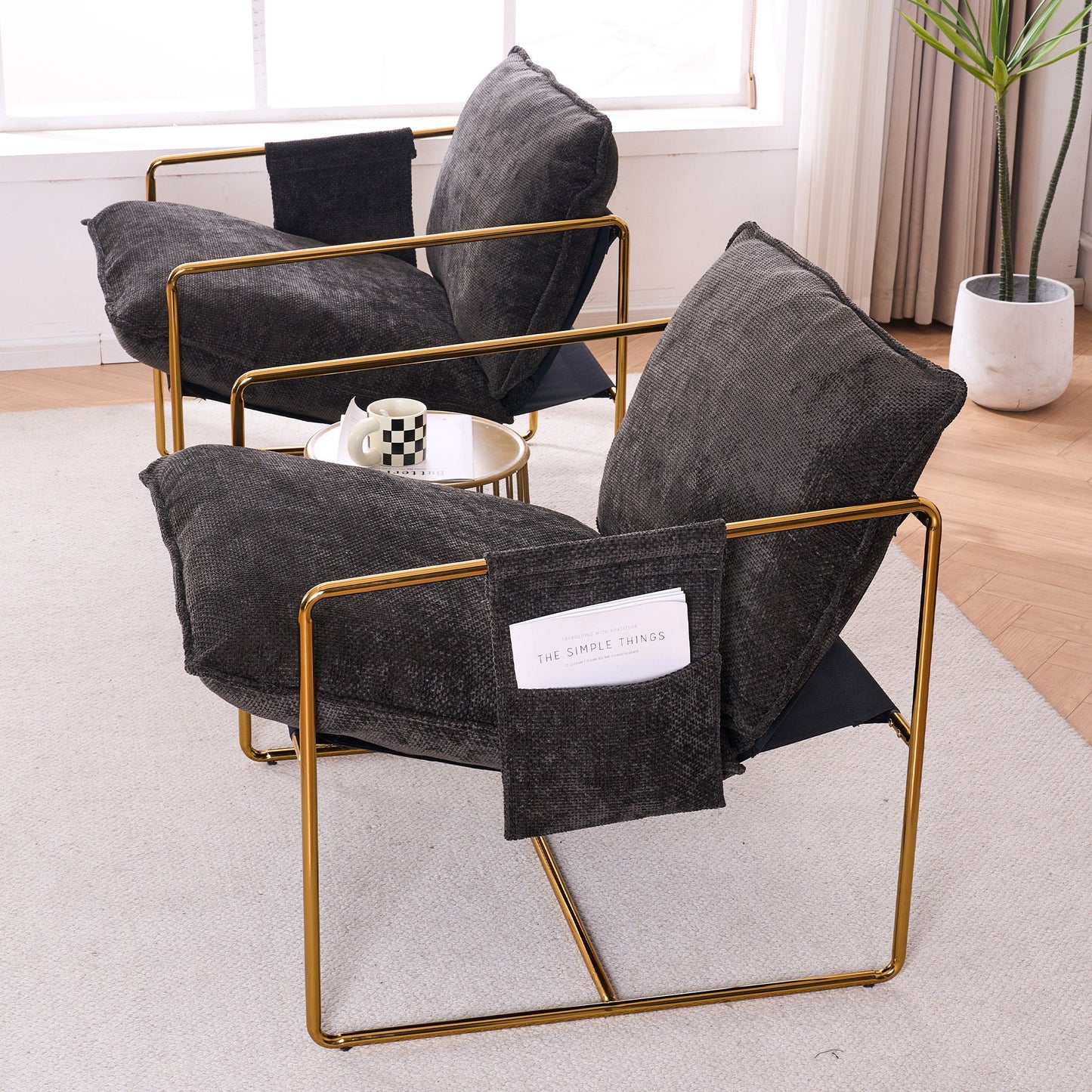 2 Sets 1 Case, Upholstered Hanging Armchair with Arm PocketsMetal frame, gold-plated craftsmanship, crushed foam cushions and skin-friendly woven fabric for living room and bedroom. Dark Gray - Groovy Boardz