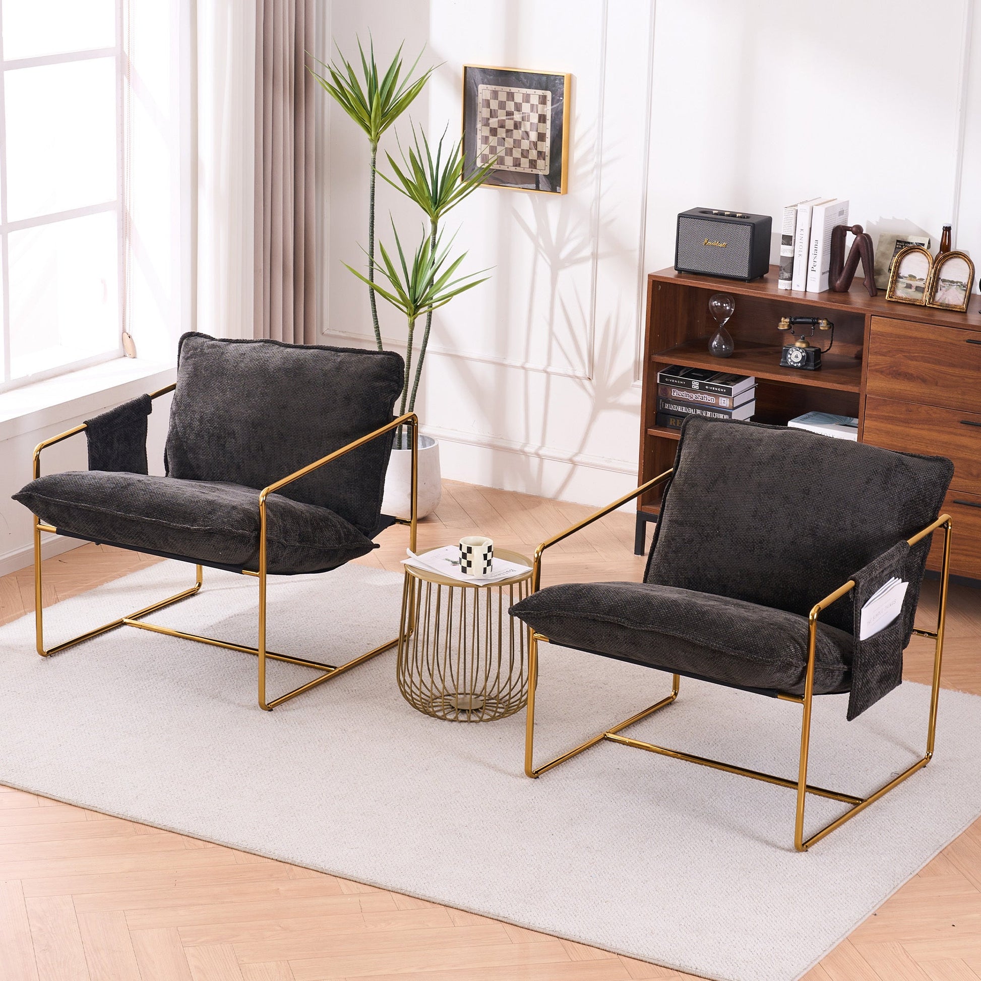 2 Sets 1 Case, Upholstered Hanging Armchair with Arm PocketsMetal frame, gold-plated craftsmanship, crushed foam cushions and skin-friendly woven fabric for living room and bedroom. Dark Gray - Groovy Boardz