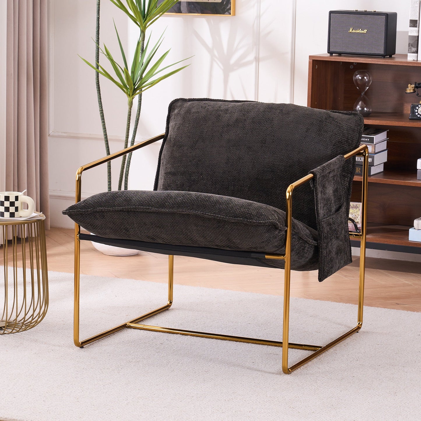 2 Sets 1 Case, Upholstered Hanging Armchair with Arm PocketsMetal frame, gold-plated craftsmanship, crushed foam cushions and skin-friendly woven fabric for living room and bedroom. Dark Gray - Groovy Boardz