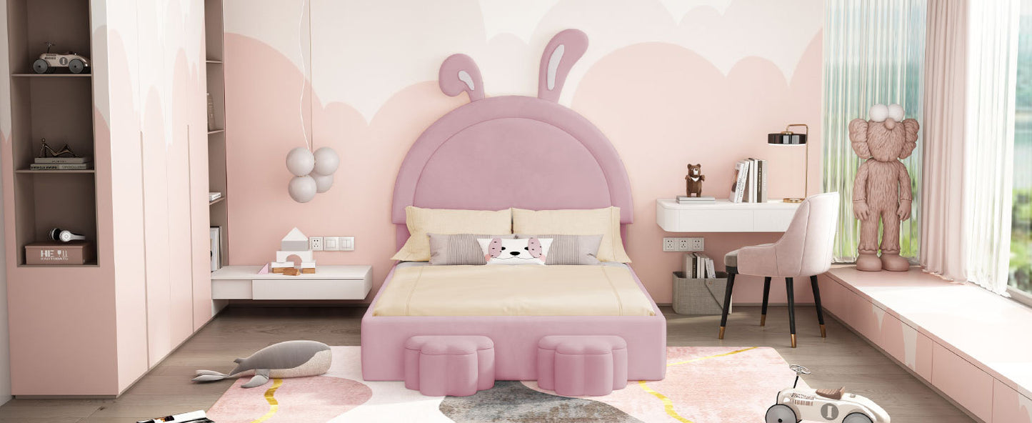 Full size Upholstered Rabbit-Shape Bed with 2 Storage Stools, Velvet Platform Bed with Cartoon Ears Shaped Headboard, Pink