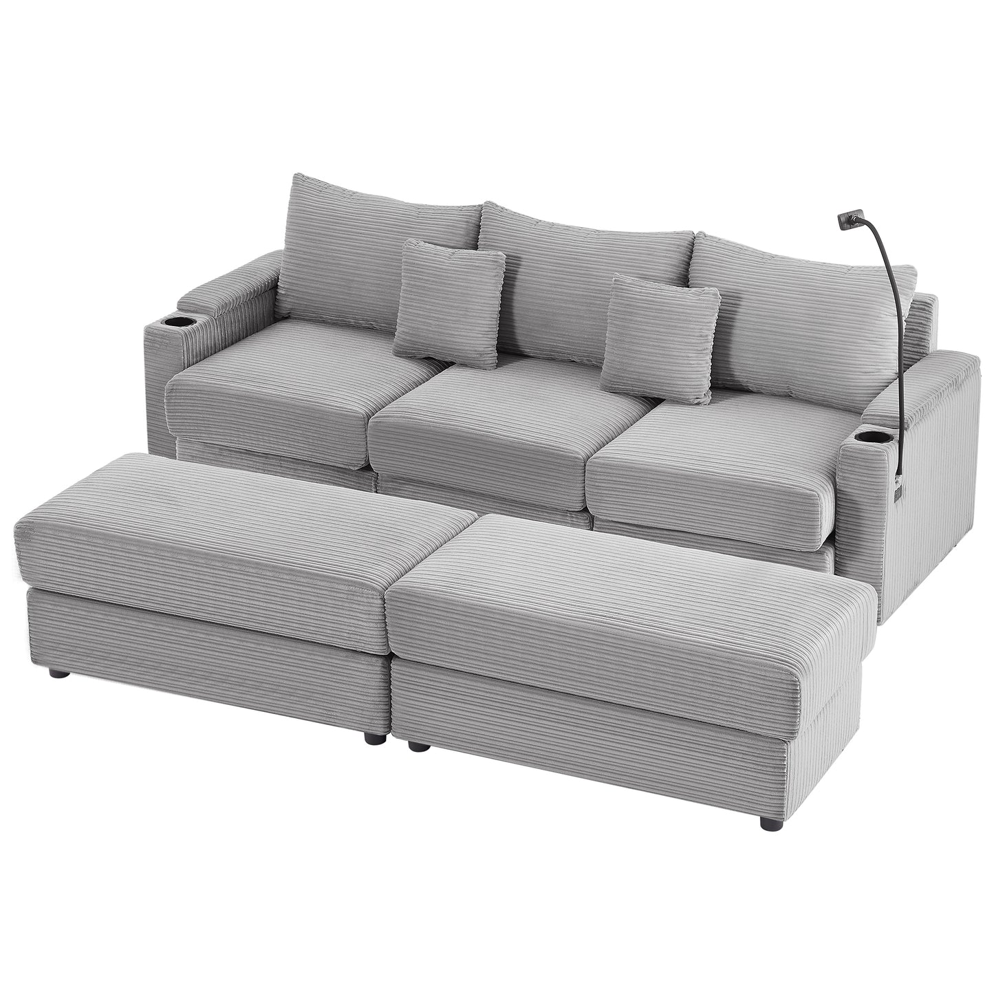 95.3" Modern Style 3-Seater Sofa Sectional Sofa Couch with Storage Space, Two Movable Ottomans, Two USB Ports, Two Cup Holders, A Phone Holder for Living Room, Grey