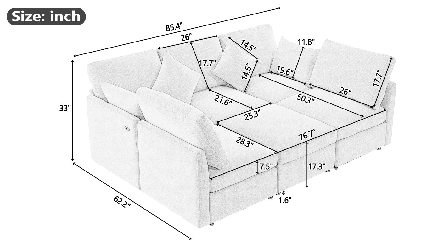 85.4" Sectional Sofa Modular Sofa U-shaped Sofa Couch Sofa Bed L-shaped Sofa with a Movable Ottoman and Two USB Ports for Living Room, Black