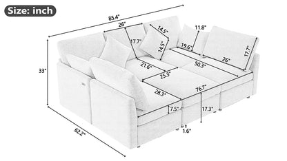 85.4" Sectional Sofa Modular Sofa U-shaped Sofa Couch Sofa Bed L-shaped Sofa with a Movable Ottoman and Two USB Ports for Living Room, Black