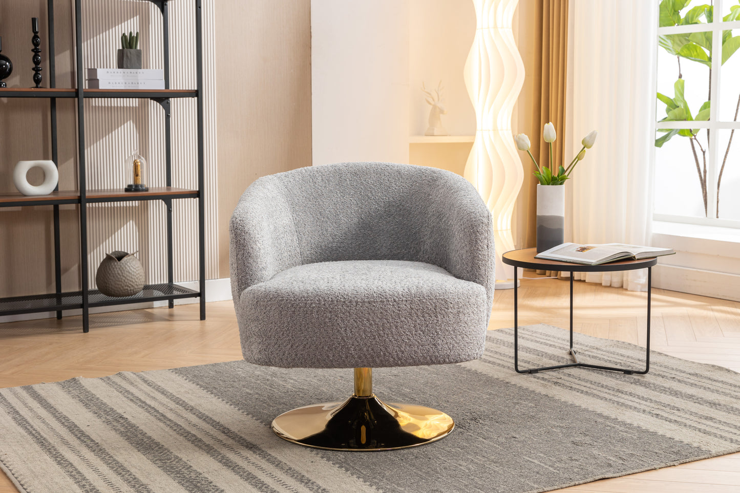 048-Chenille Fabric Accent Swivel Chair With Gold Metal Round Base,Light Gray