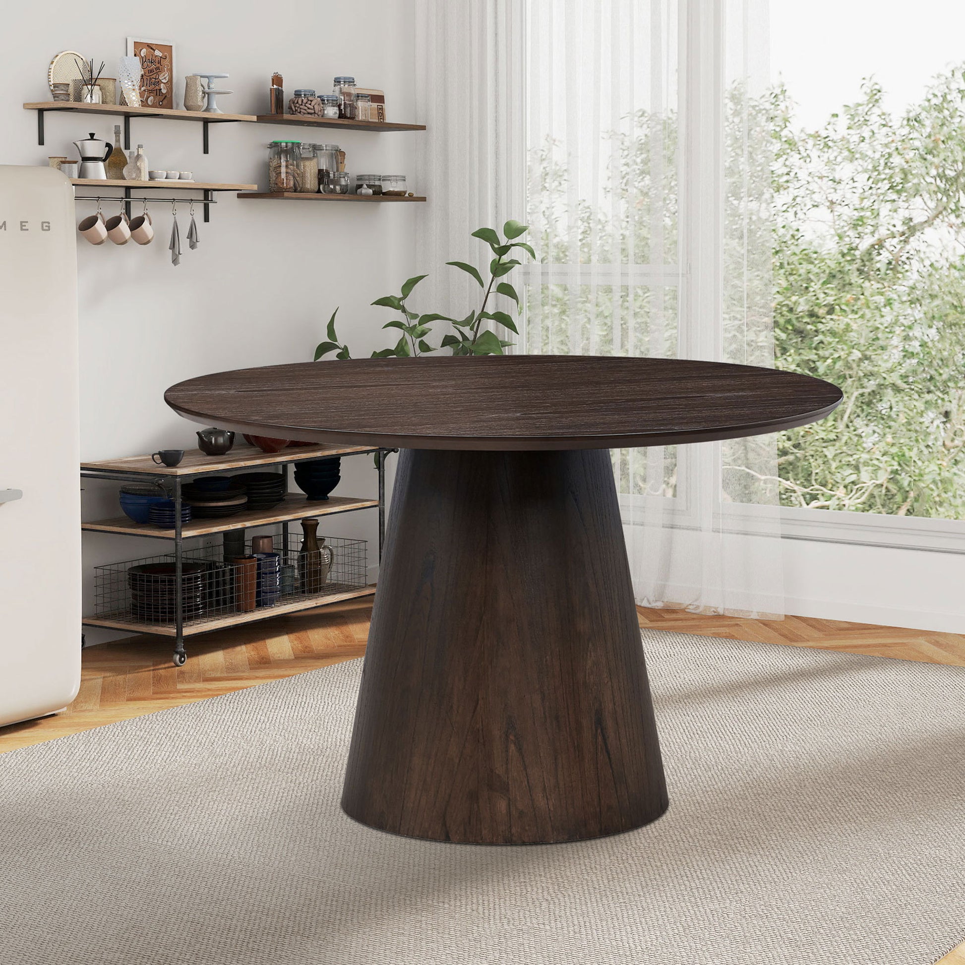 47.24'' Round Modern Style MDF Wood Dining Table for Kitchen, Living Room, Cafe, Stylish Leisure Desk with Sturdy Cylindrical Base, for Small Spaces, Apartment,Brown