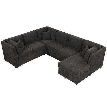 108.6" U-shaped Sectional Sofa Pull out Sofa Bed with Two USB Ports, Two Power Sockets, Three Back Pillows and a Storage Chaise for Living Room, Black