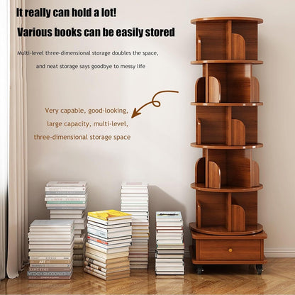 Rotating Bookshelf, 360 Display Corner Bookshelf for Small Space, 6 Tier Bookcase Storage Rack with Wheels, Wood Narrow Organizer for Bedroom, Living Room, Study Room, Walnut Brown