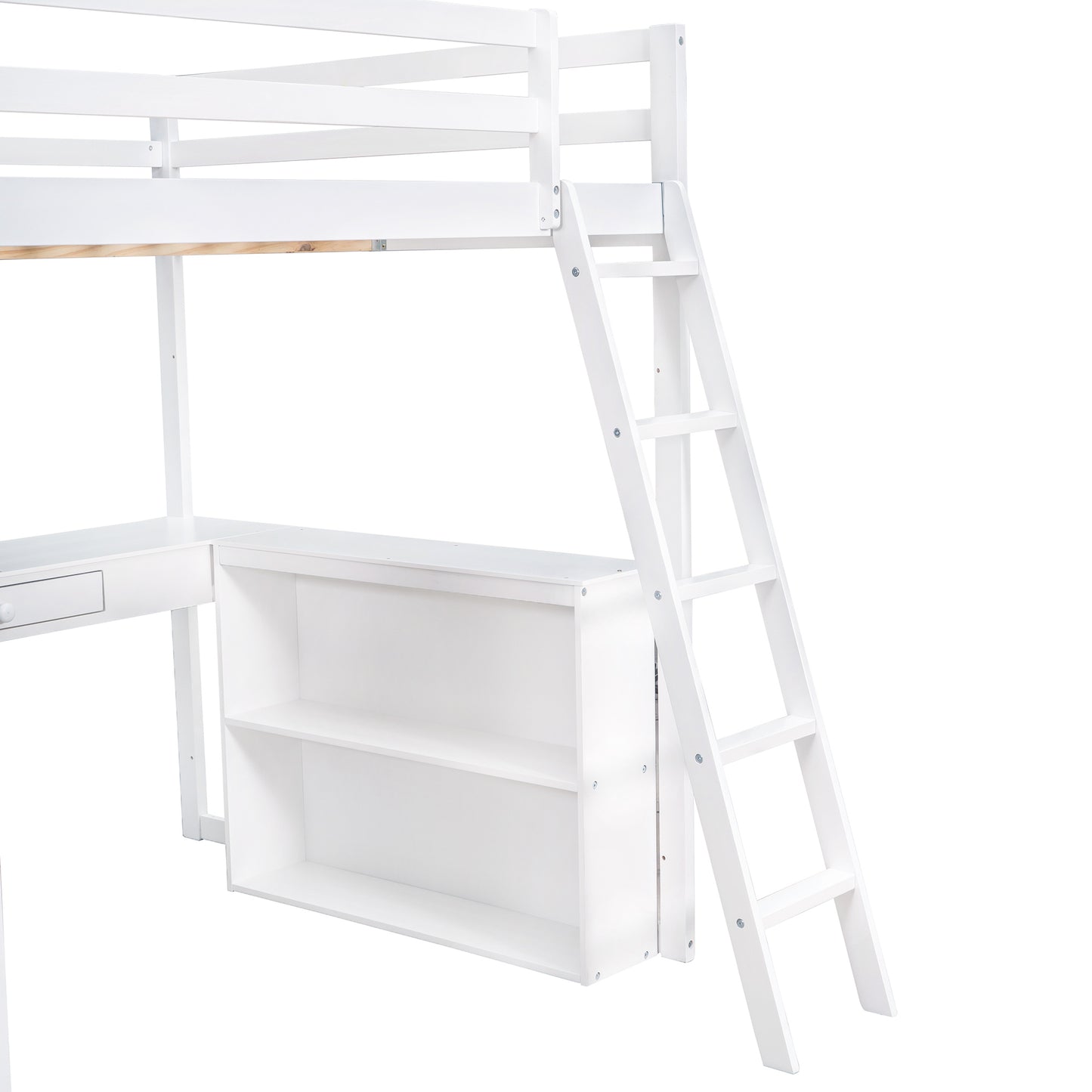 Full Size Loft Bed with Ladder, Shelves, and Desk, White(OLD SKU:LT000226AAK)